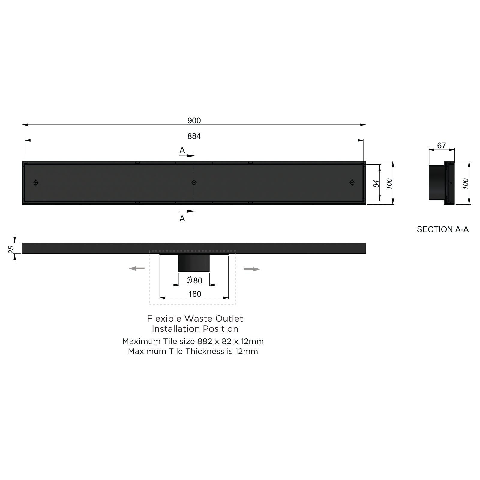 Technical Drawing Meir Shower Channel Waste 900mm with Tile Insert - Brushed Nickel MP06F-T900-PVDBN - The Blue Space
