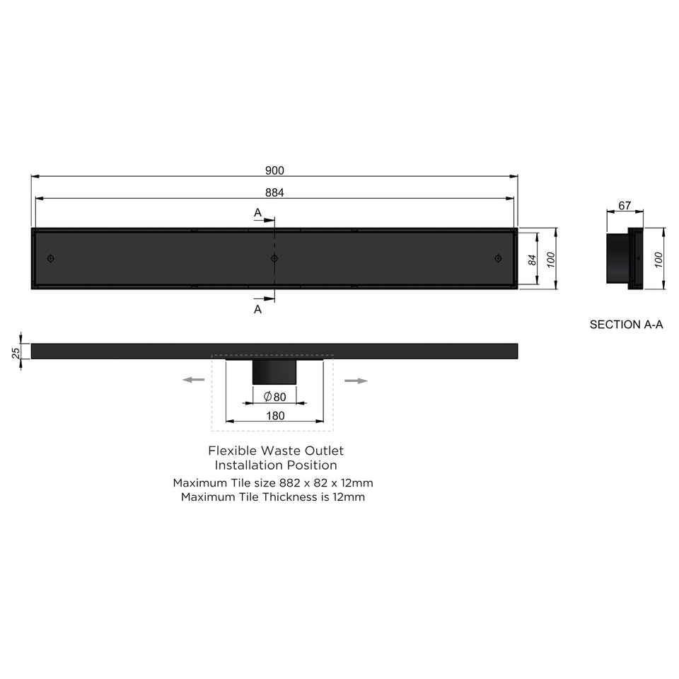Meir Shower Channel Waste 900mm with Tile Insert - Shadow