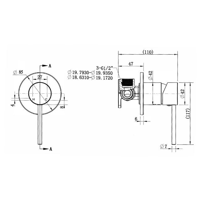 Technical Drawing Modern National Star Mini Shower Mixer 80mm Brushed Nickel - Full Kit STRM008BN-KIT - The Blue Space