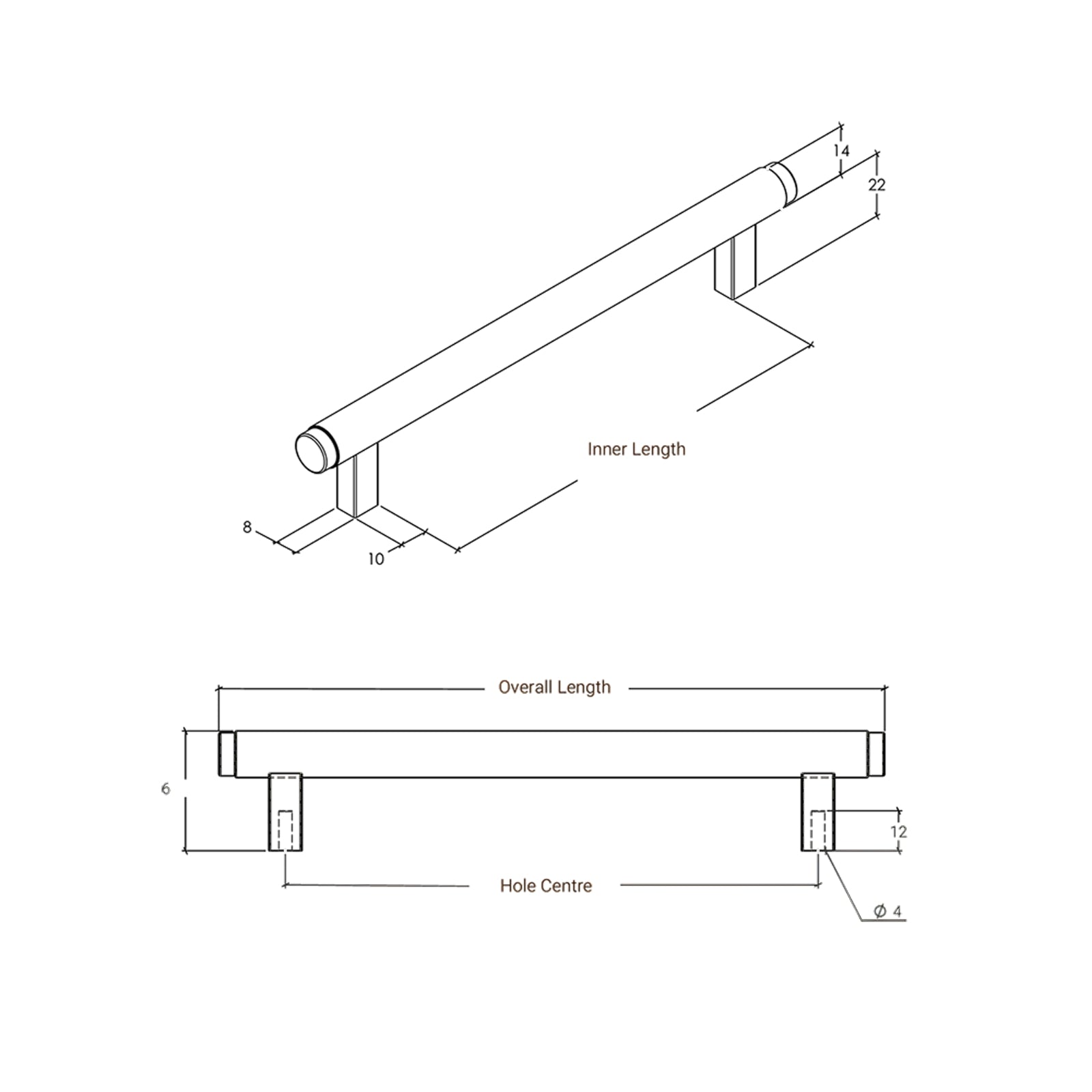 Line drawing Momo Handles Bellevue Knurled Bar Pull Matte Black BVPKN320.MBL - The Blue Space