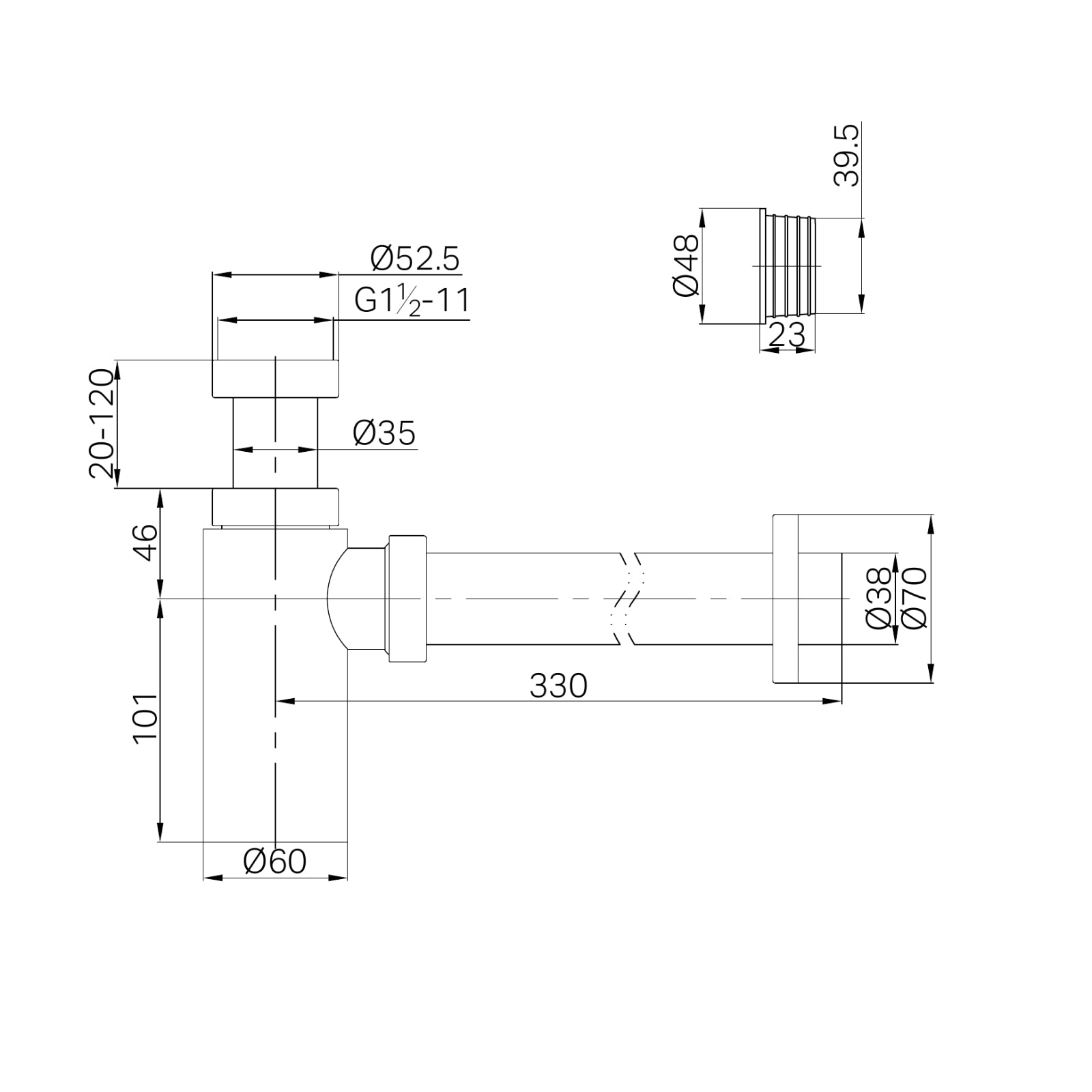 Technical Drawing Nero 40mm Round Bottle Trap II Brushed Bronze 25A001BZ - The Blue Space
