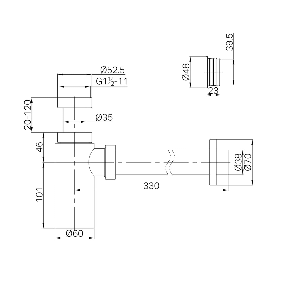 Technical Drawing Nero 40mm Round Bottle Trap II Brushed Gold 25A001BG - The Blue Space