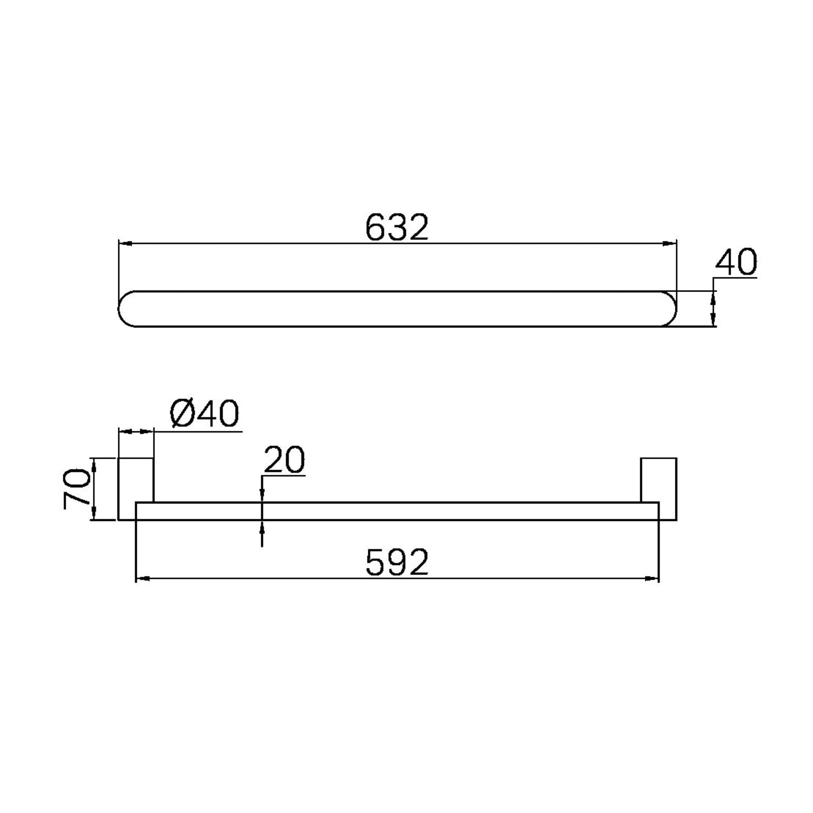 Technical Drawing Nero Bianca 240V Single Heated Towel Rail Matte Black NR9025HMB - The Blue Space