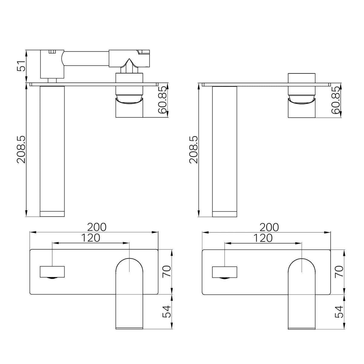 Technical Drawing Nero Bianca Wall Basin/Bath Mixer 187mm Gun Metal NR321510AGM_KIT - The Blue Space