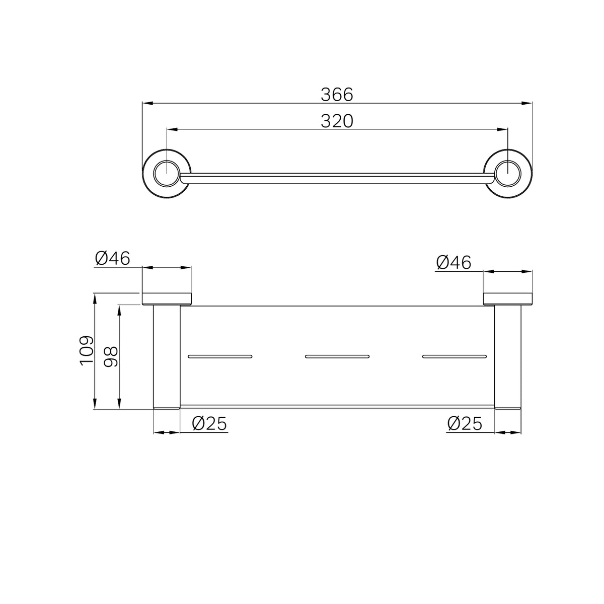 Technical Drawing Nero Dolce II Metal Shower Shelf Gun Metal NR2087AGM - The Blue Space