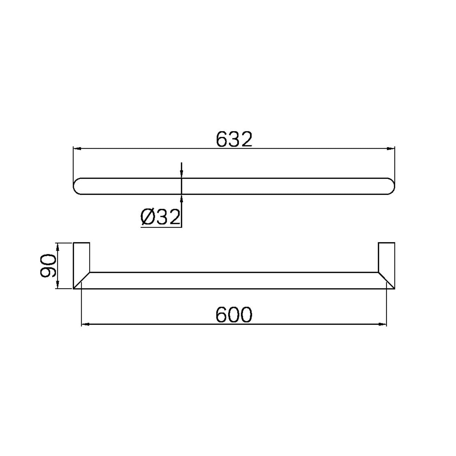Technical Drawing Nero Mecca 240V Single Heated Towel Rail Matte Black NR1925HMB - The Blue Space