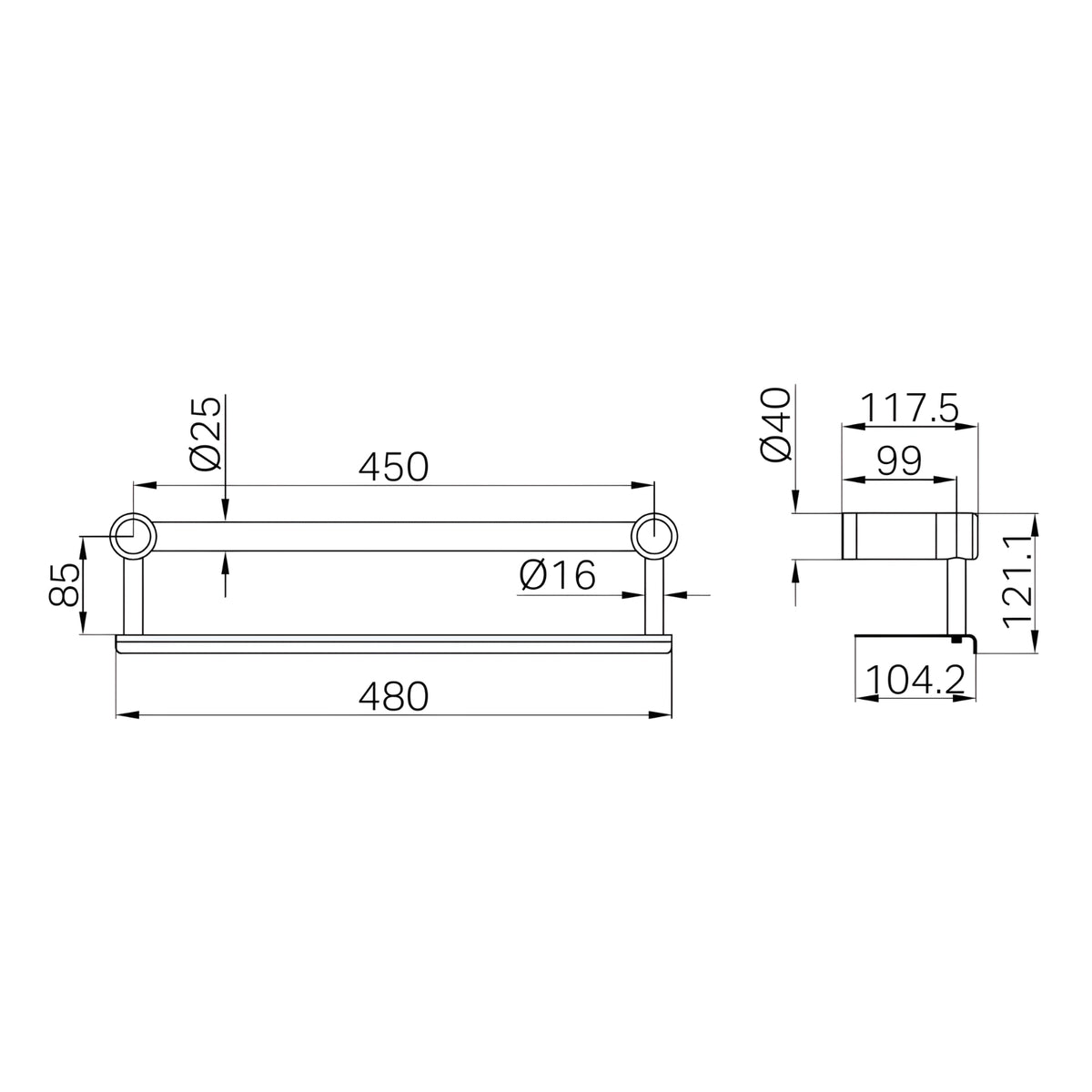 Line Drawing Nero Mecca Care 25mm Grab Rail With Shelf 450mm Chrome NRCR2518CCH - The Blue Space