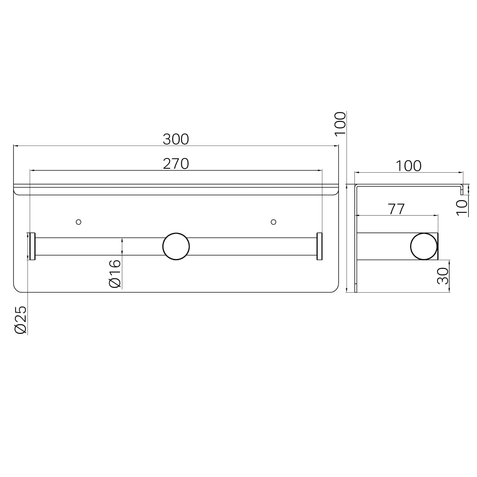 Technical Drawing Nero Mecca Double Toilet Roll Holder With Shelf Brushed Bronze NR1986EBZ - The Blue Space