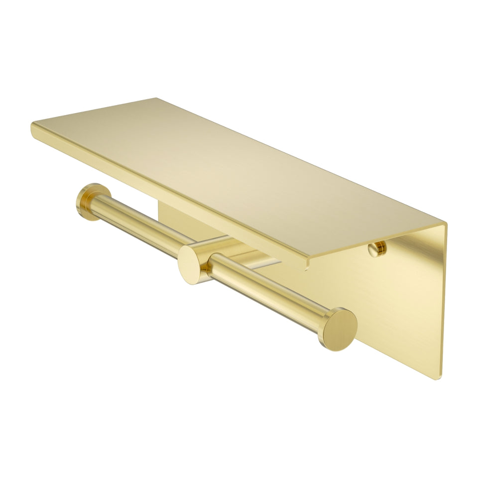 Nero Mecca Double Toilet Roll Holder With Shelf Brushed Gold