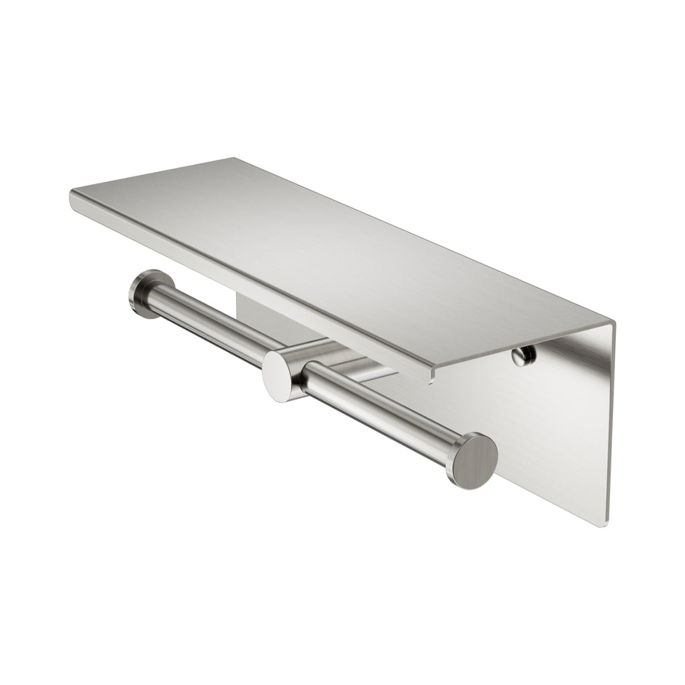 Nero Mecca Double Toilet Roll Holder With Shelf Brushed Nickel