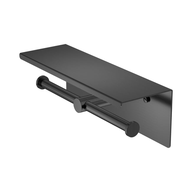 Nero Mecca Double Toilet Roll Holder With Shelf Gun Metal NR1986EGM - The Blue Space