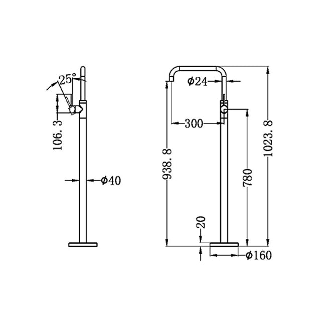 nero mecca freestanding bath mixer square shape brushed gold technical drawing | The Blue Space