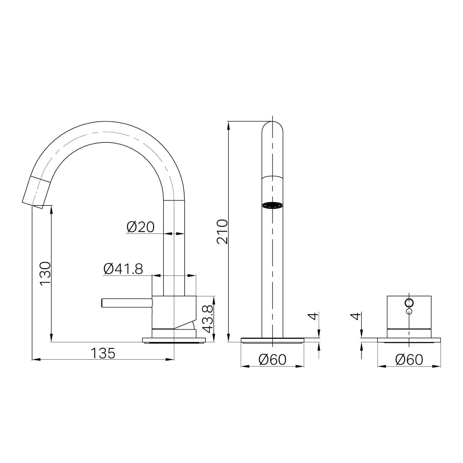 Technical Drawing Nero Mecca Hob Basin Mixer Set Arc Spout Brushed Gold NR221901GBG - The Blue Space