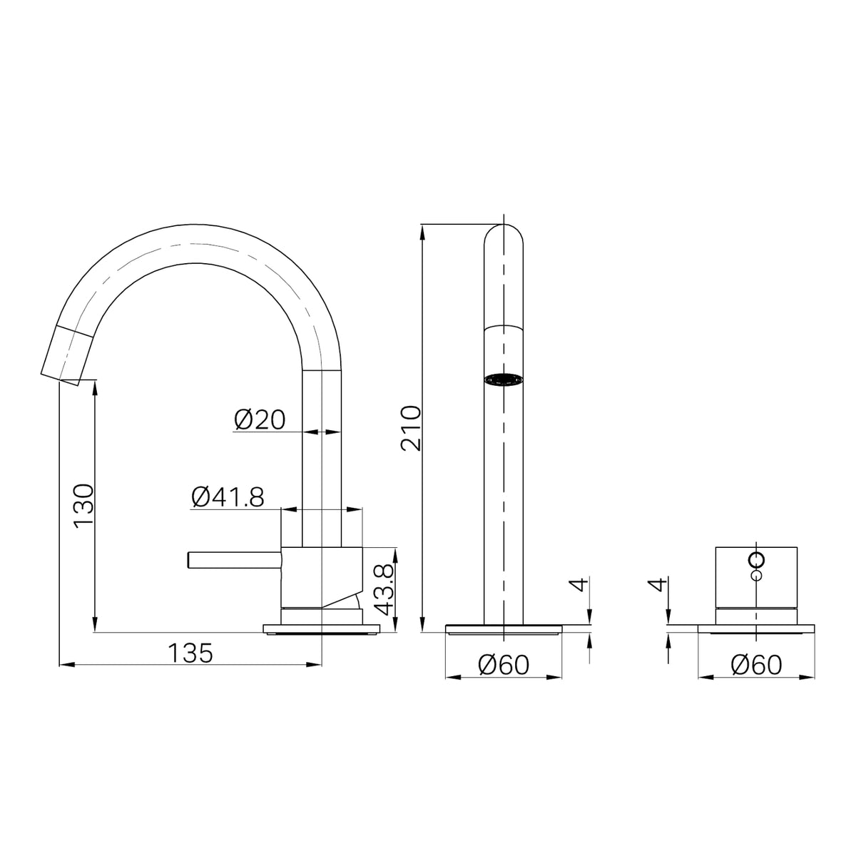 Technical Drawing Nero Mecca Hob Basin Mixer Set Arc Spout Brushed Nickel NR221901GBN - The Blue Space