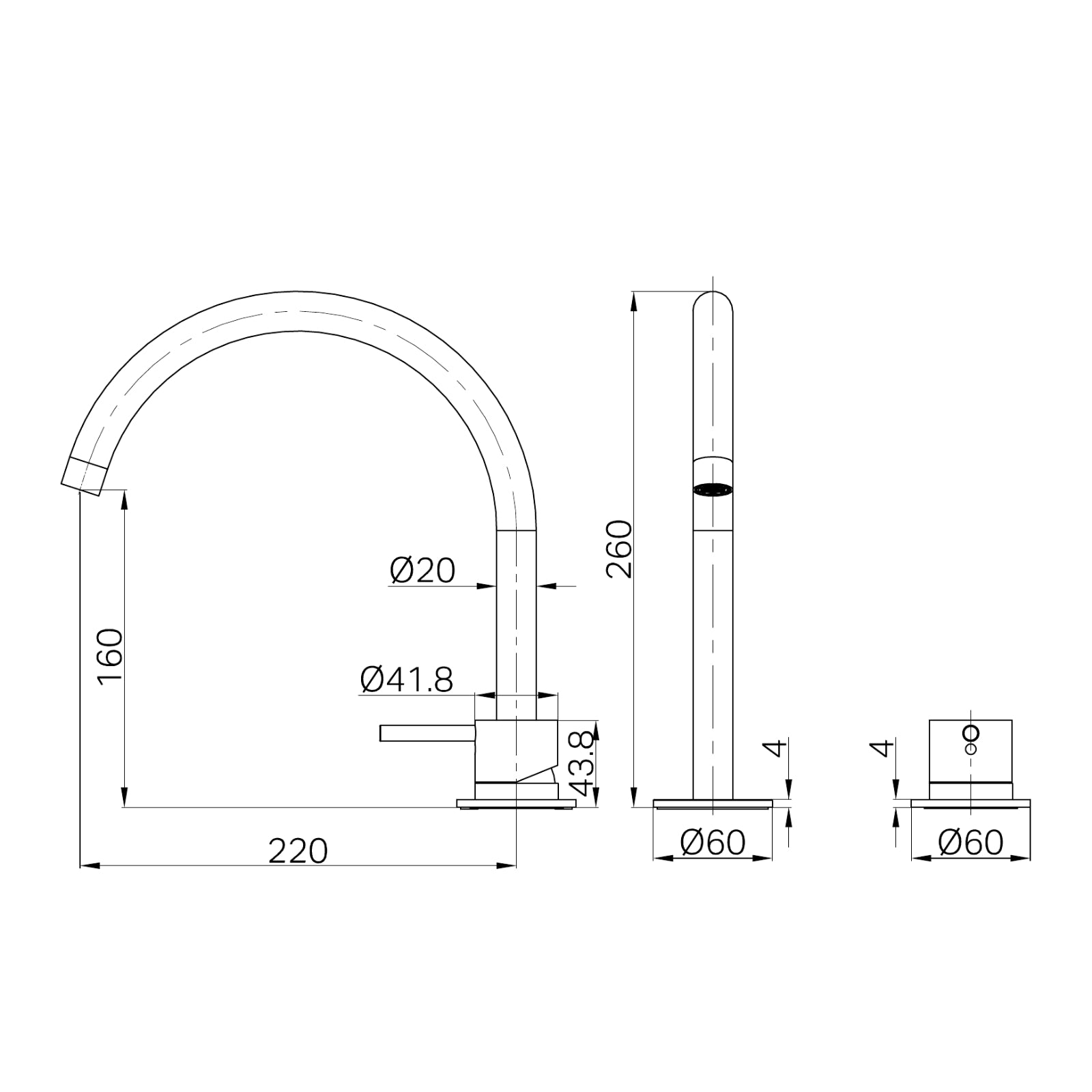 Technical Drawing Nero Mecca Hob Bath/Kitchen Mixer Set Arc Spout Brushed Nickel NR221901JBN - The Blue Space