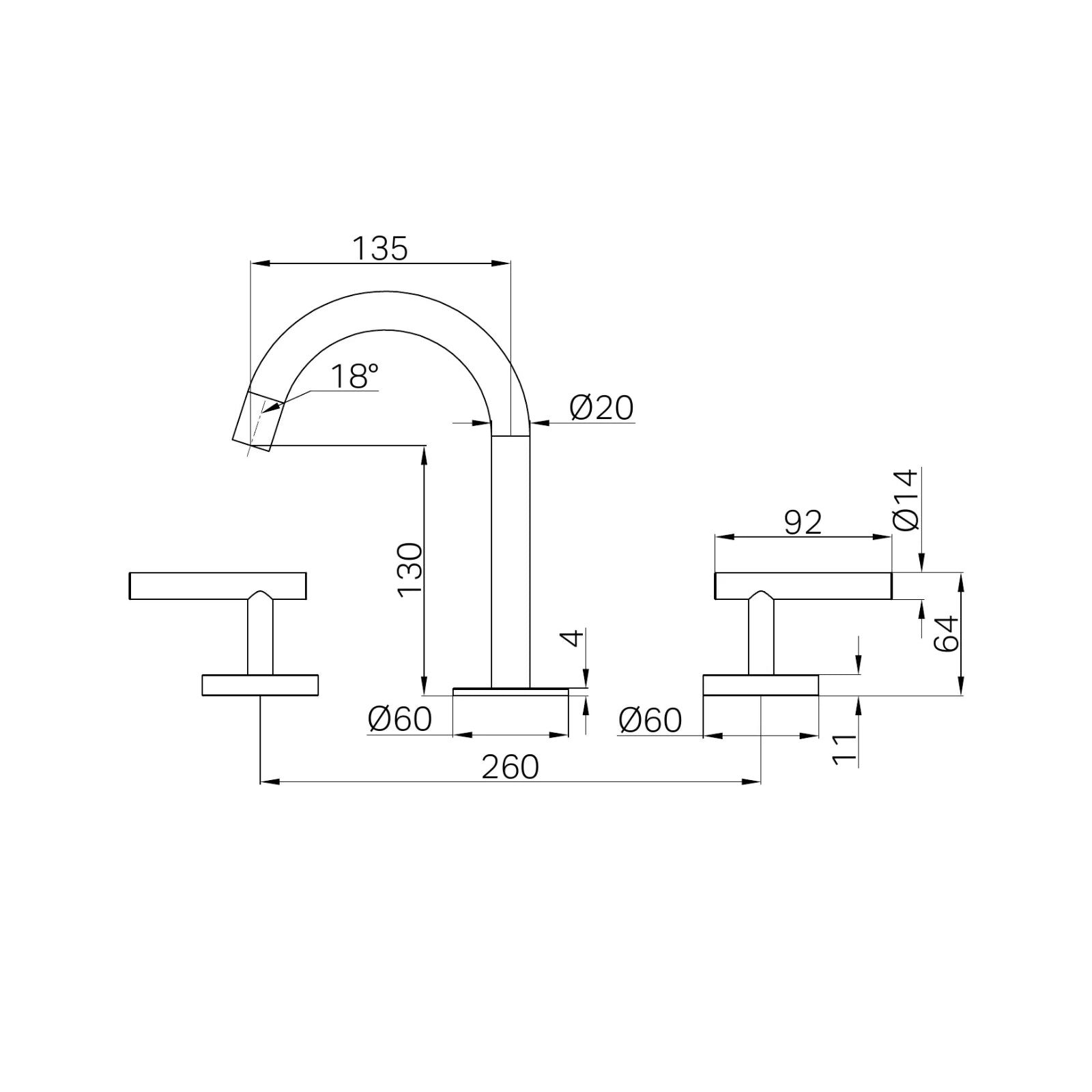 Technical Drawing Nero Mecca Lever Basin Set Arc Spout Gun Metal 25D002GM - The Blue Space