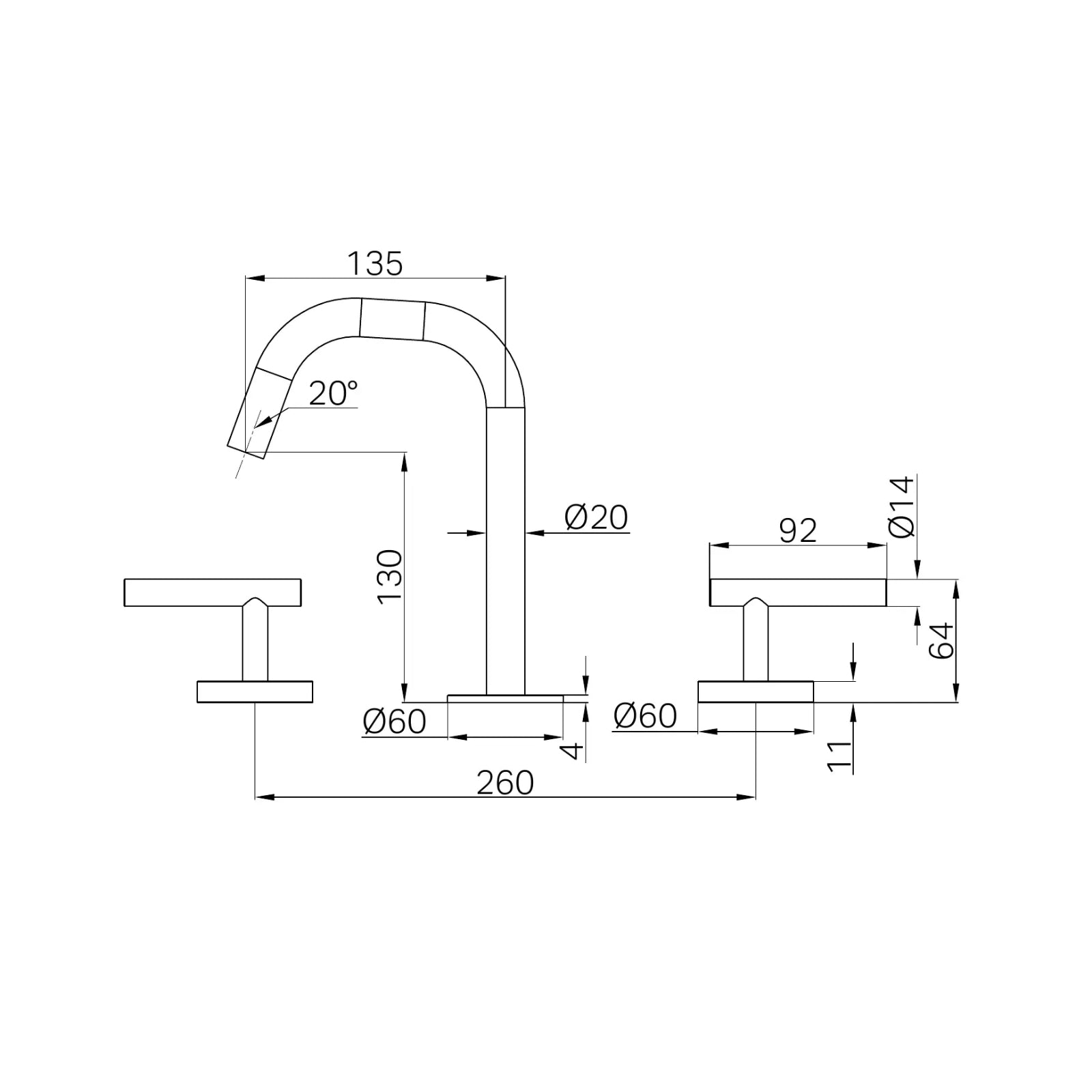 Technical Drawing Nero Mecca Lever Basin Set Edge Spout Gun Metal 25D001GM - The Blue Space