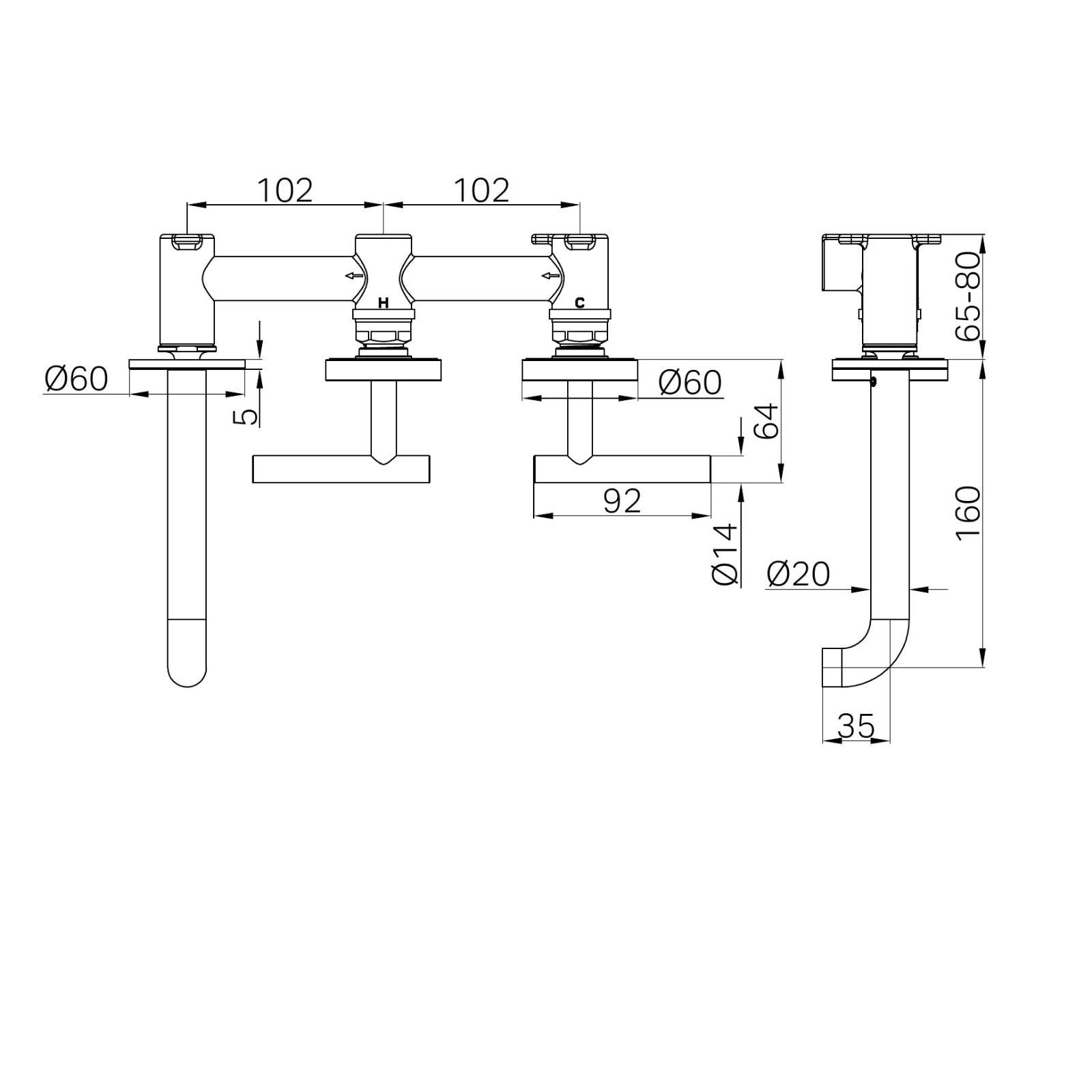 Technical Drawing Nero Mecca Lever Wall Basin/Bath Set 160mm Offset Spout Brushed Nickel 25D009BN - The Blue Space
