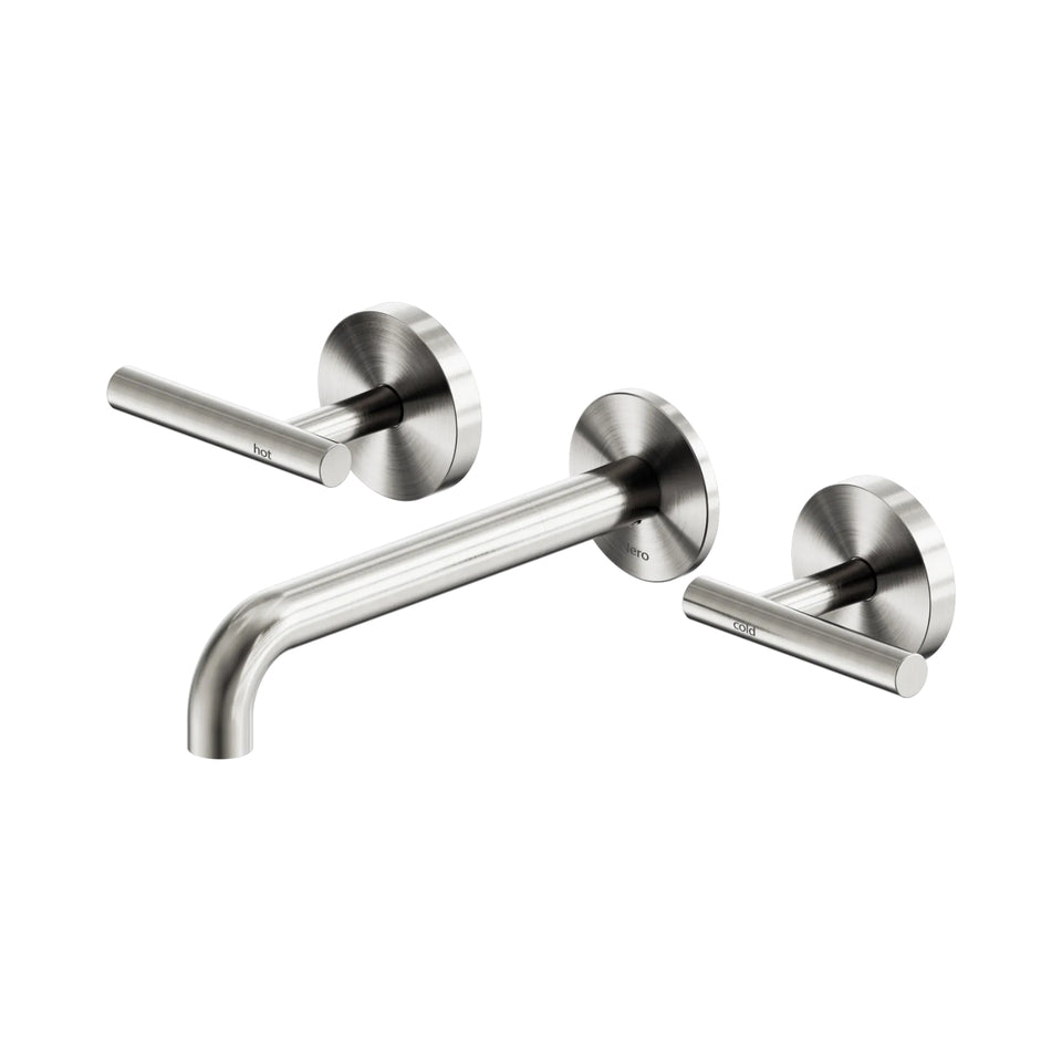 Nero Mecca Lever Wall Basin/Bath Set 185mm Spout Brushed Nickel