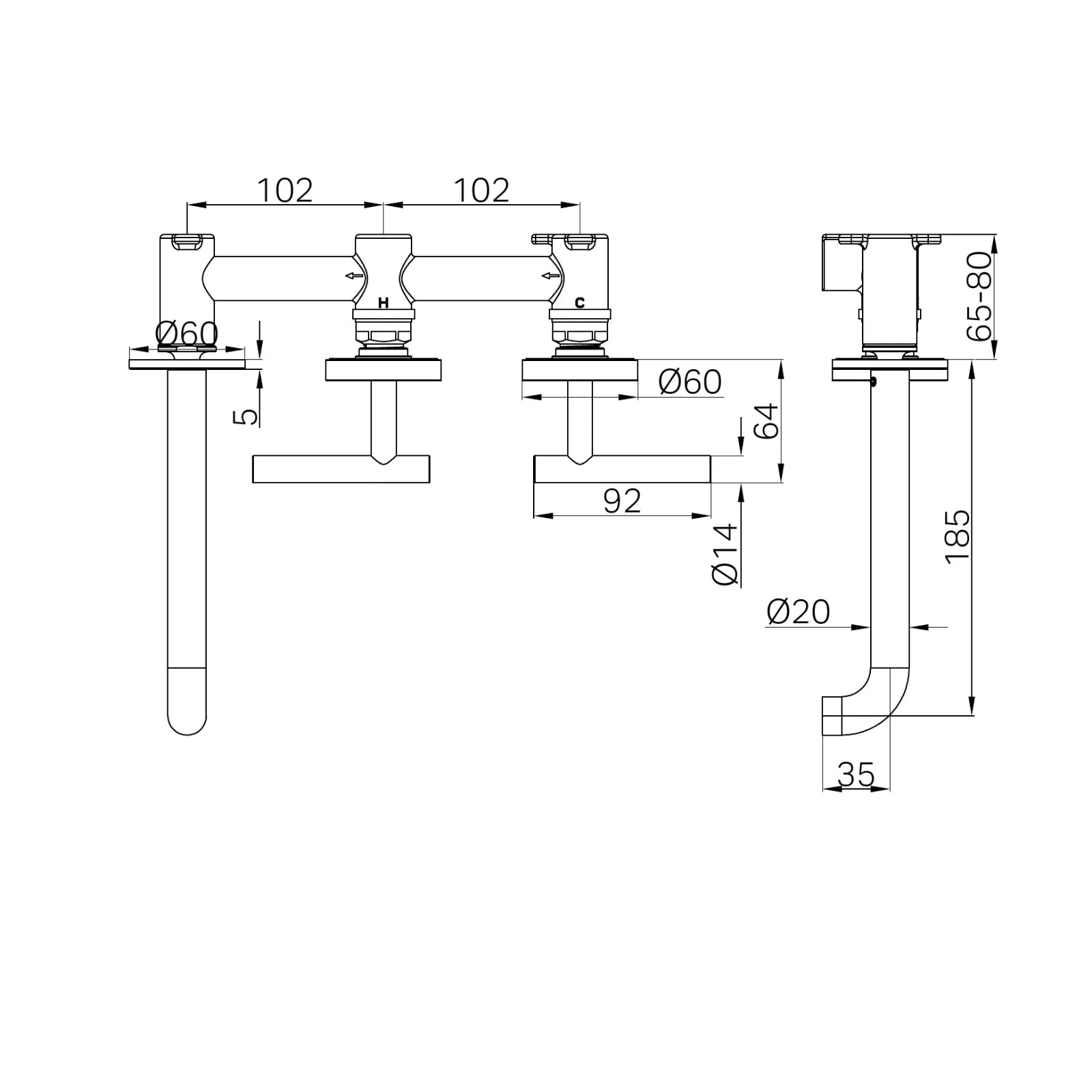 Technical Drawing Nero Mecca Lever Wall Basin/Bath Set 220mm Offset Spout Brushed Nickel 25D011BN - The Blue Space