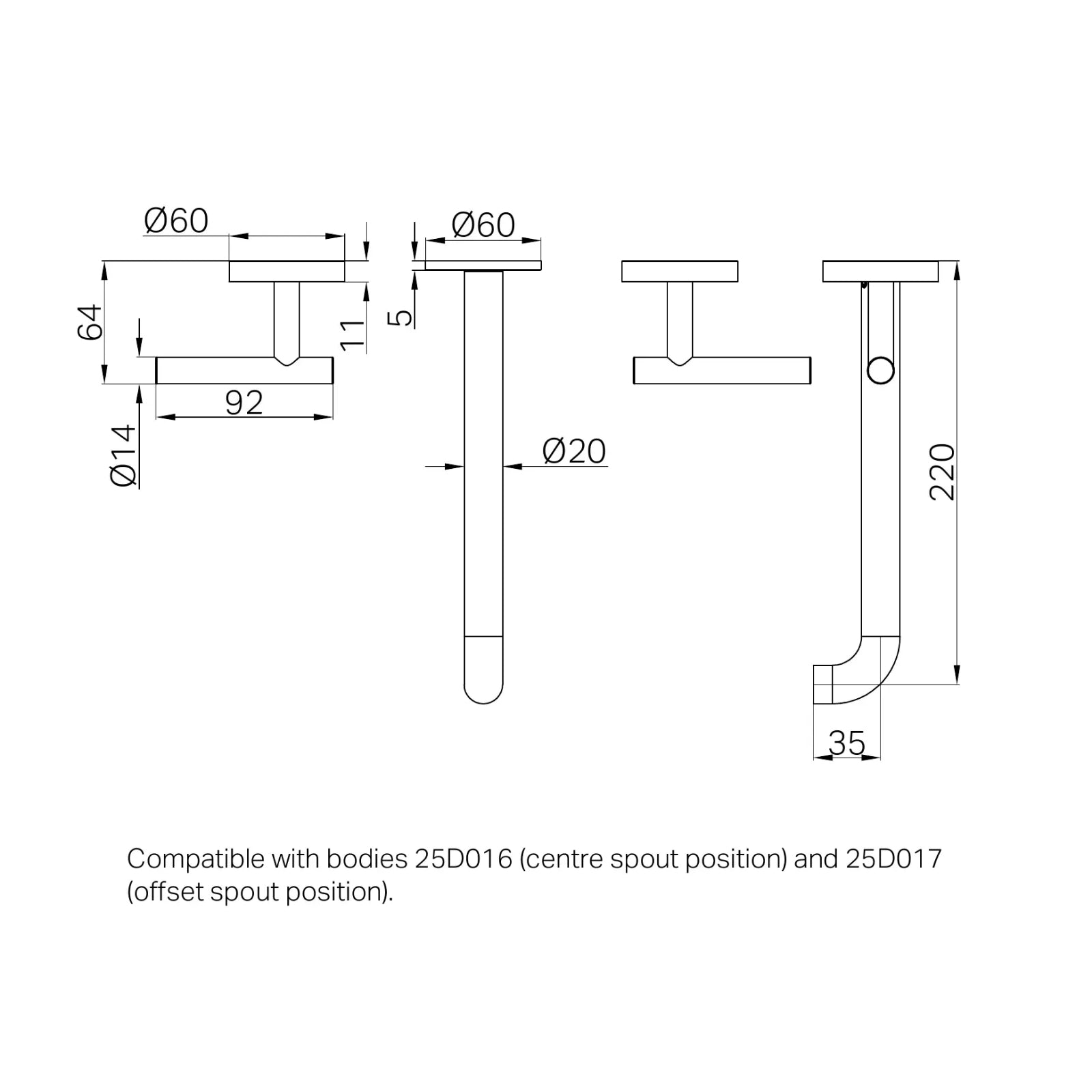 Technical Drawing Nero Mecca Lever Wall Basin/Bath Set 220mm Spout Trim kits Only Chrome 25D021CH - The Blue Space