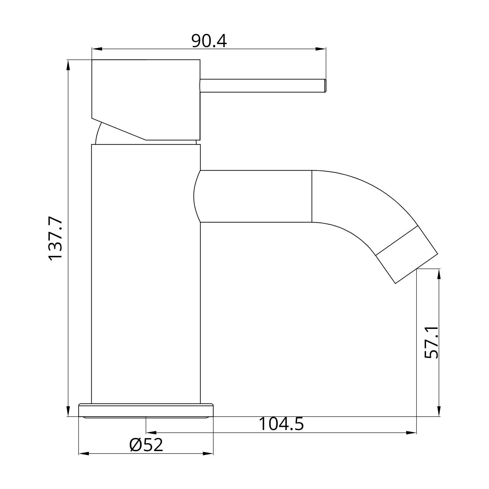 Technical Drawing Nero Mecca Mini Basin Mixer Matte Black NR221901FMB - The Blue Space
