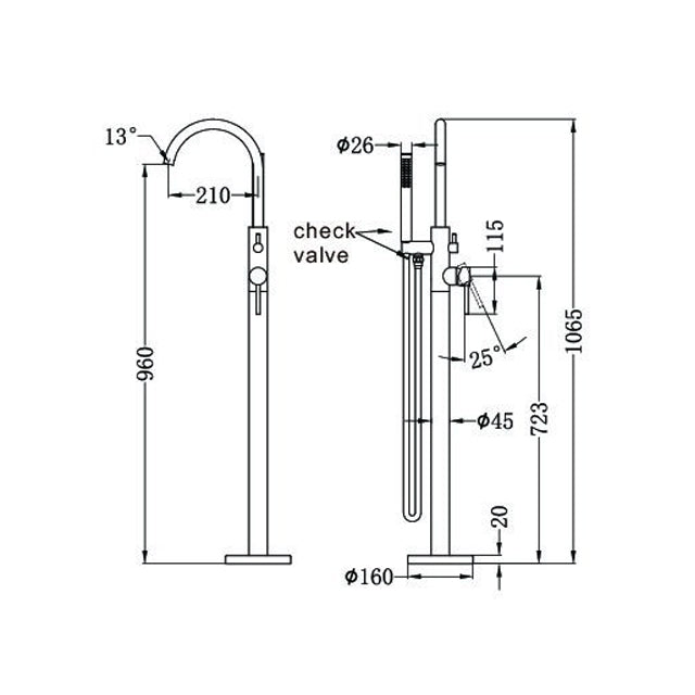 nero mecca round freestanding mixer with hand shower brushed bronze technical drawing  | The Blue Space