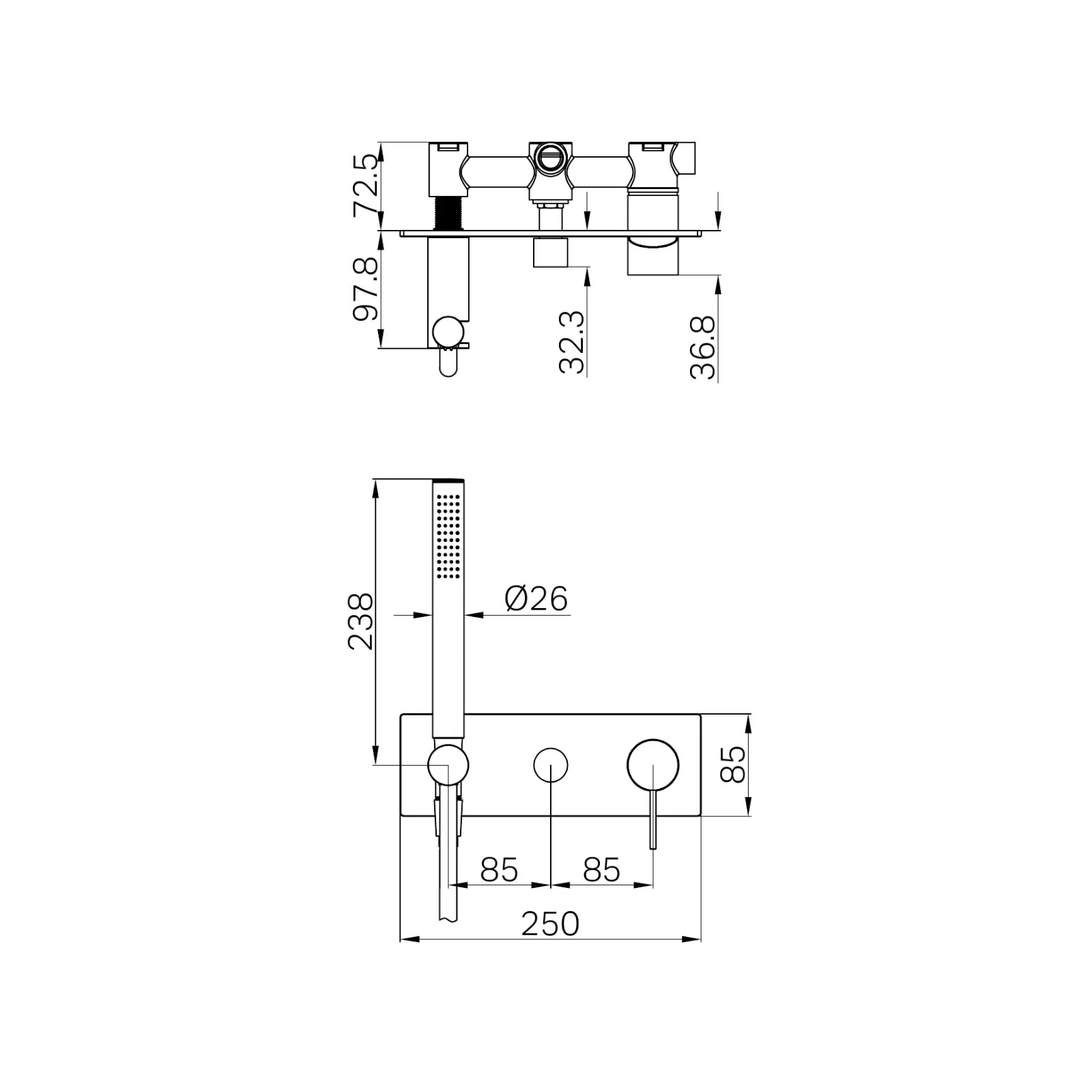 Technical Drawing Nero Mecca Shower Mixer Diverter System Brushed Nickel NR221912EBN_KIT - The Blue Space