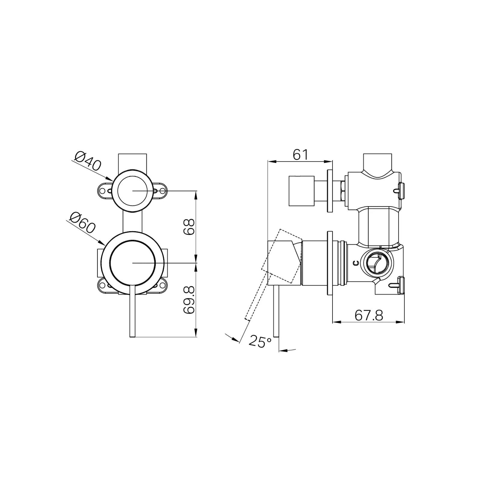 Technical Drawing Nero Mecca Shower Mixer With Divertor Separate Back Plate Chrome NR221911SCH_KIT - The Blue Space