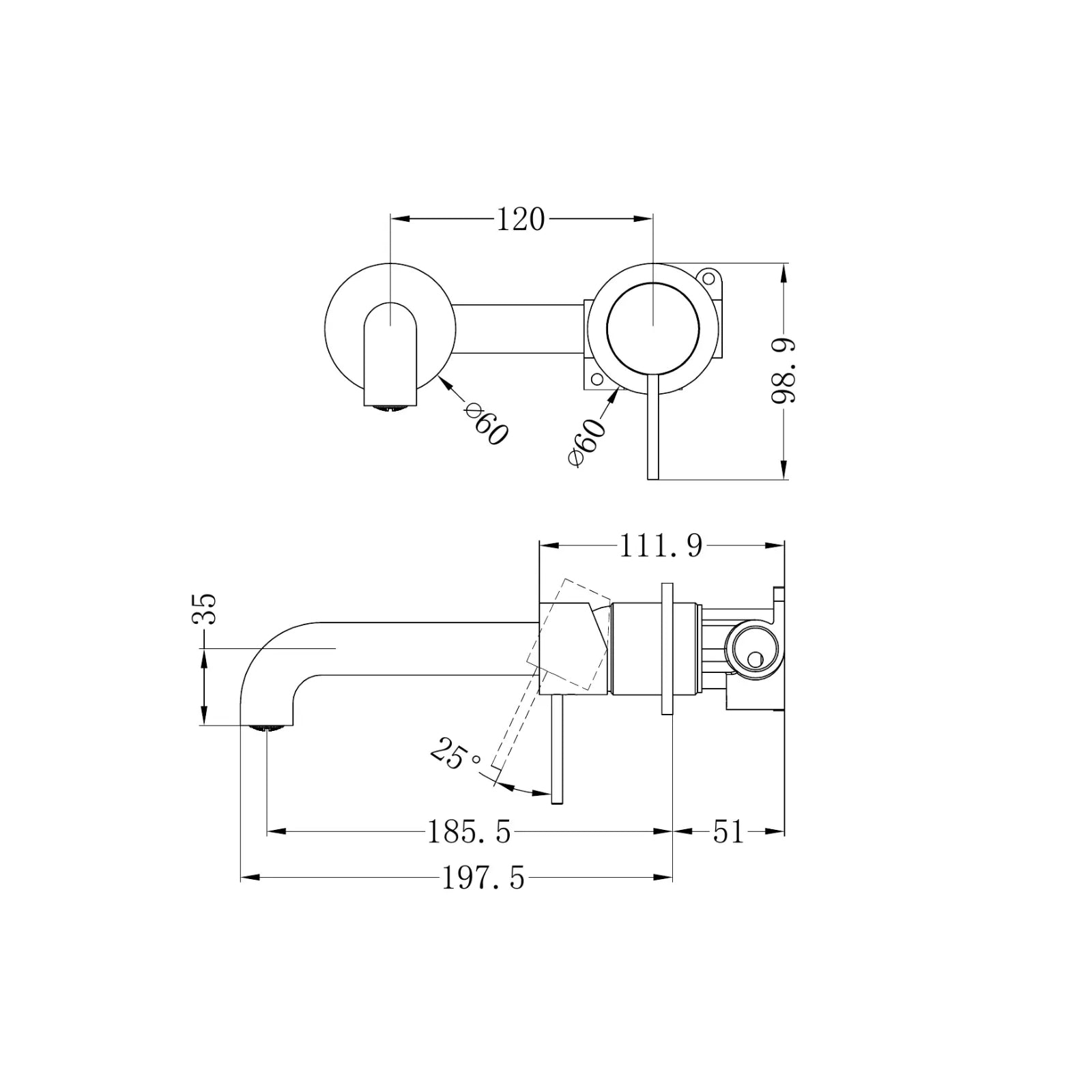 Technical Drawing Nero Mecca Wall Basin/Bath Mixer Separate Back Plate 185mm Brushed Bronze NR221910C185BZ_KIT - The Blue Space