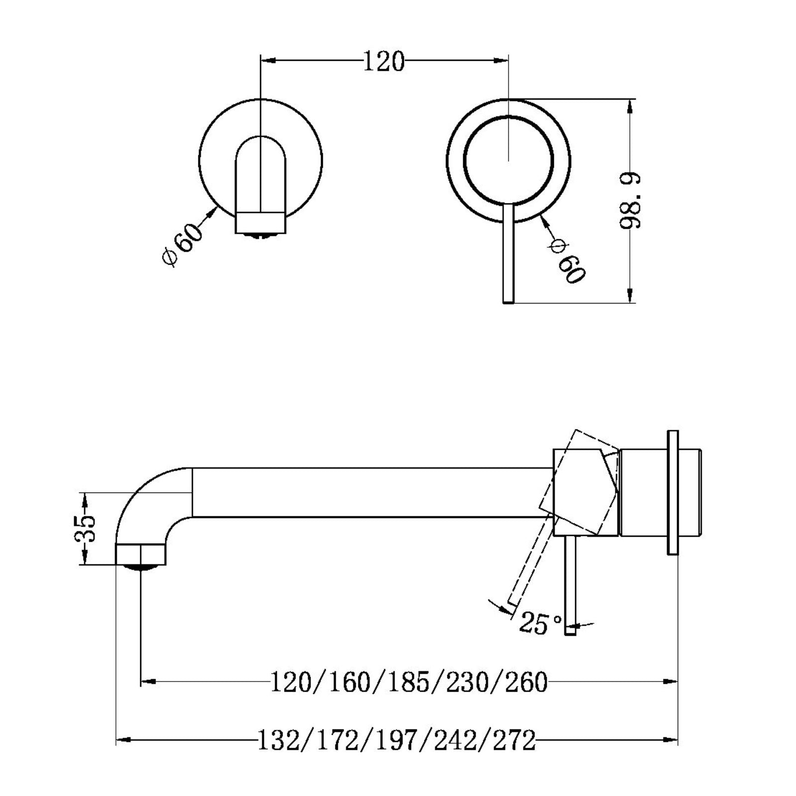 Technical Drawing Nero Mecca Wall Basin/bath Mixer Separate Back Plate 230mm Trim Kits Only Chrome NR221910C230TCH - The Blue Space
