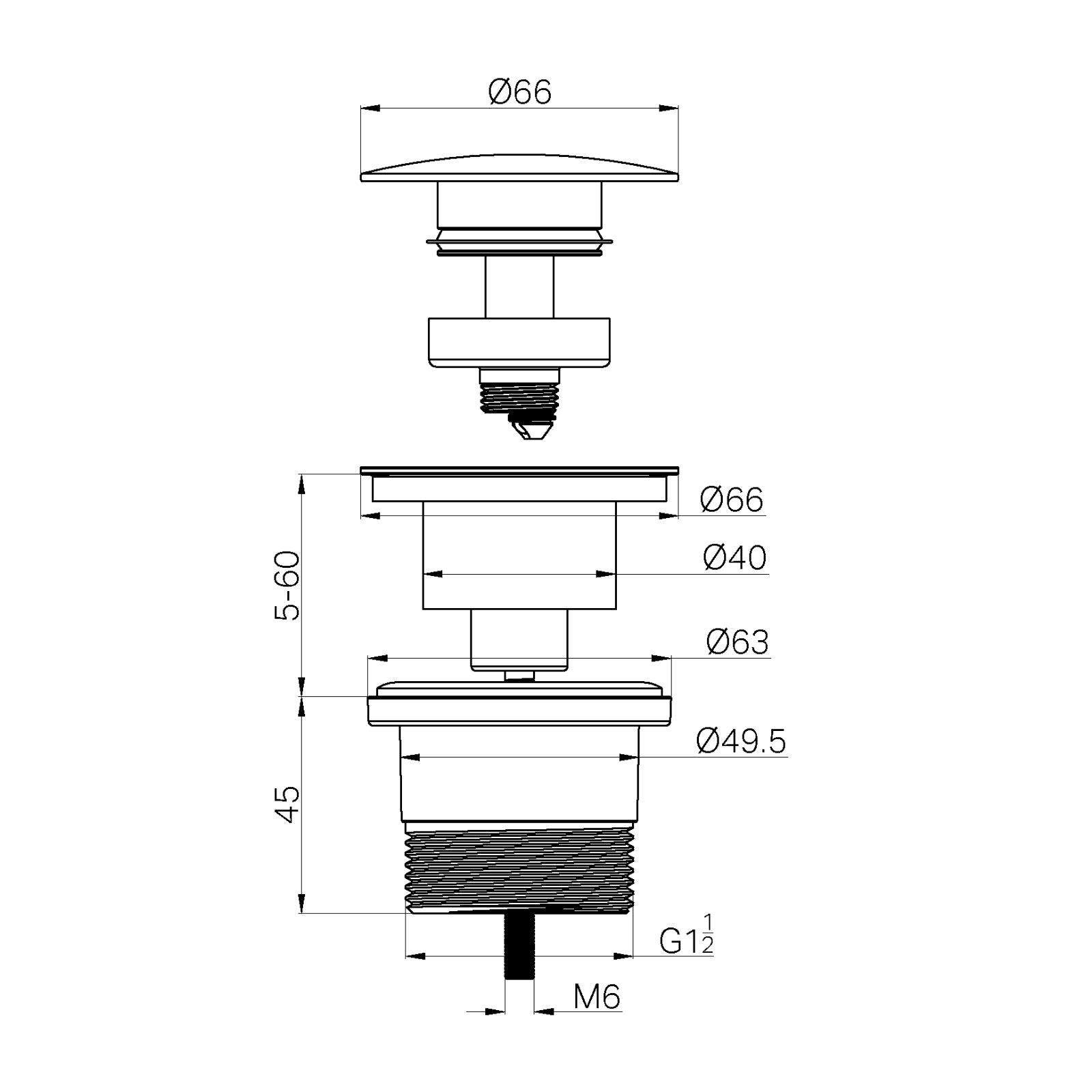 Technical Drawing Nero Project Pop Up Waste Gun Metal NRA711GM - The Blue Space