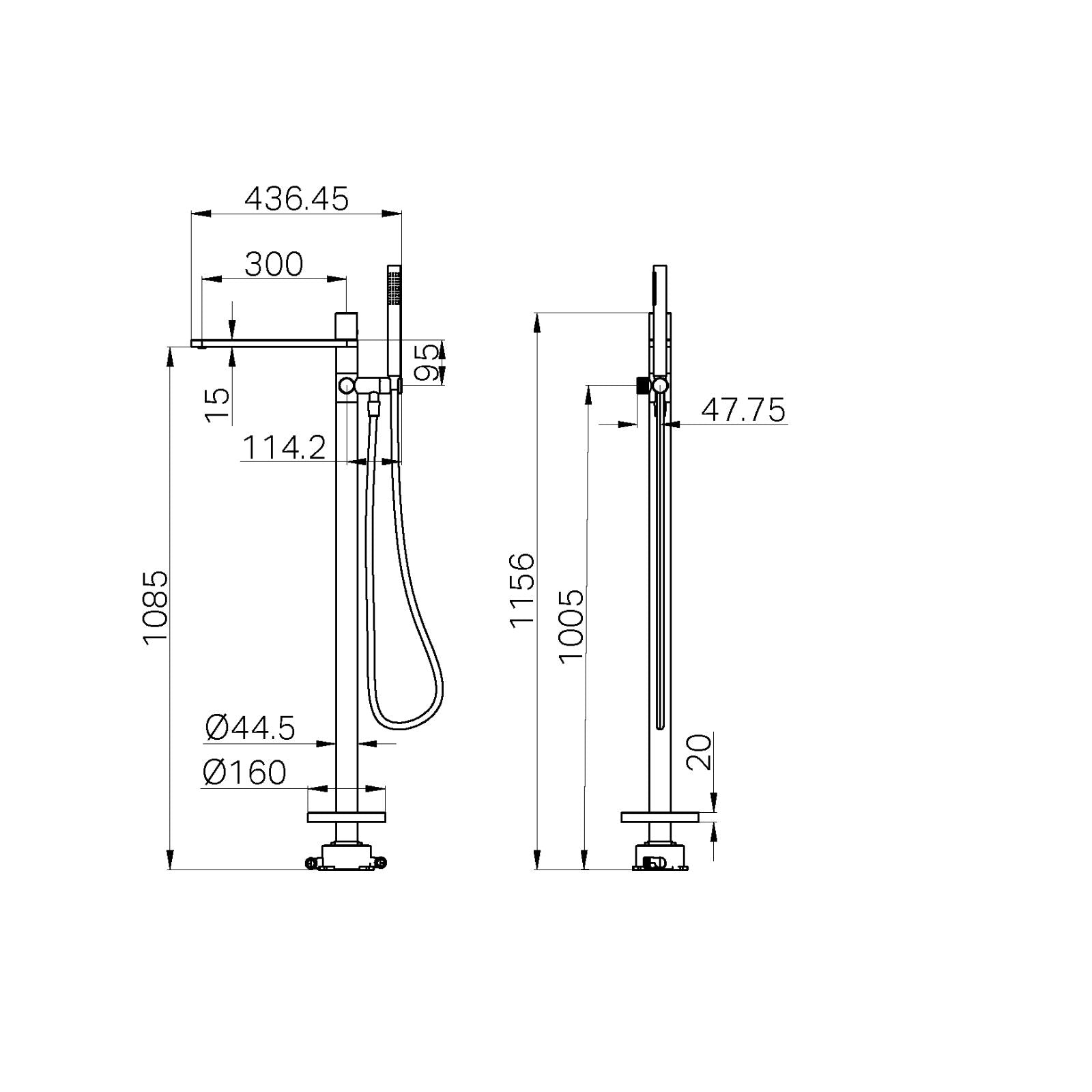 Technical Drawing Nero Pure SS316L Freestanding Bath Mixer Brushed Gold NR172203A02BG - The Blue Space