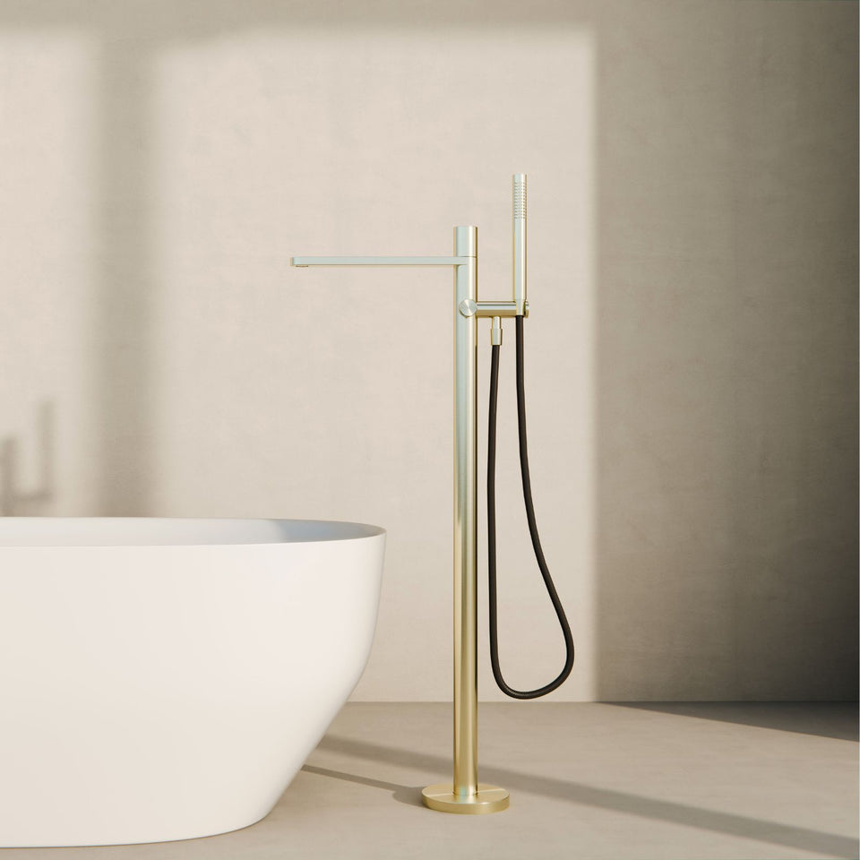 Nero Pure SS316L Freestanding Bath Mixer With Outdoor Shower Hose Brushed Gold