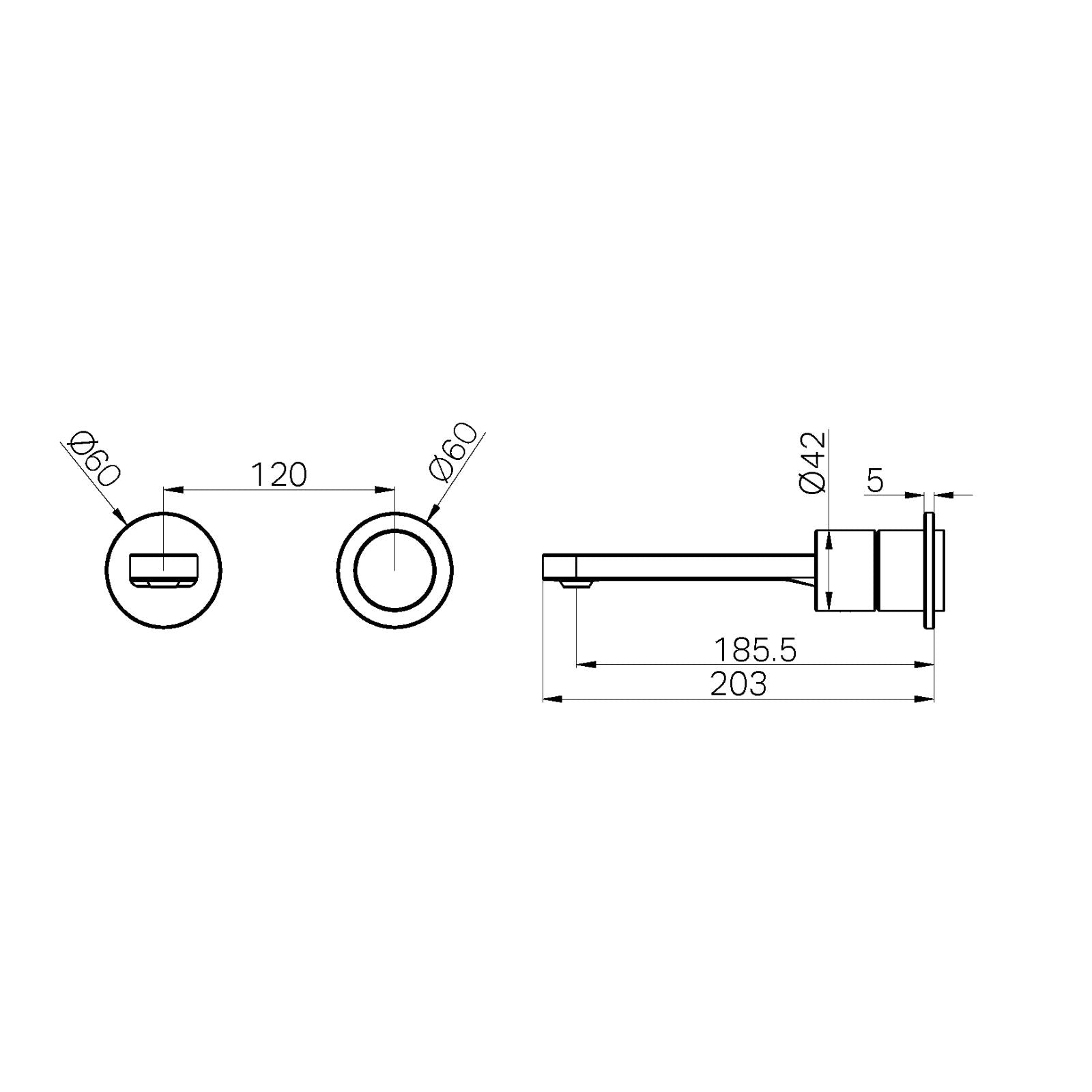 Technical Drawing Nero Pure SS316L Wall Basin/Bath Mixer Separate Back Plate Trim Kits Only Graphite NR172210BTGR - The Blue Space