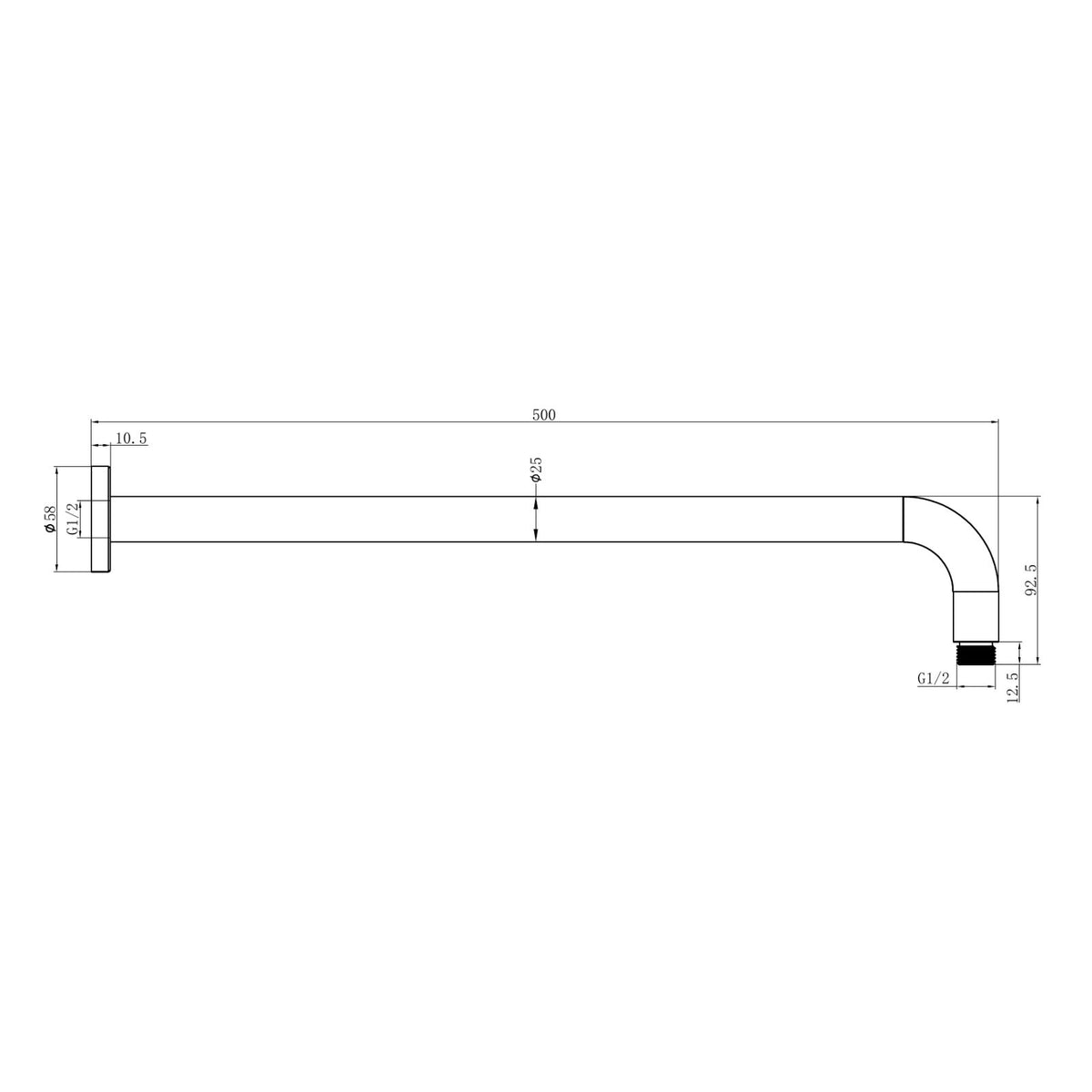 Technical Drawing Nero Round Shower Arm 500mm Length Matte Black NR502LMB - The Blue Space