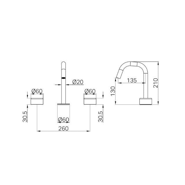 Technical Drawing Nero Serenity Basin Set Edge Spout With Metal Handle Gun Metal 24D028GM - The Blue Space