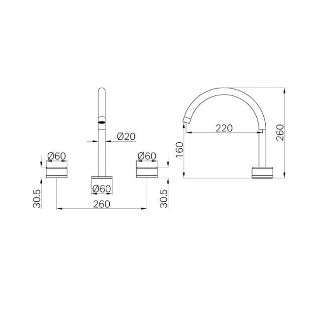 Technical Drawing Nero Serenity Bath/Kitchen Set Arc Spout With Carrara Handle Brushed Bronze 24D017BZ - The Blue Space