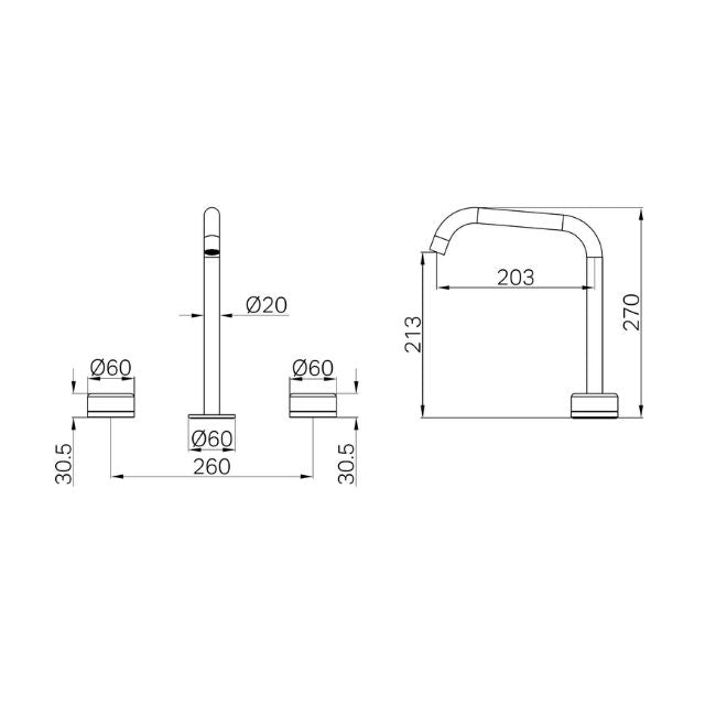 Technical Drawing Nero Serenity Bath/Kitchen Set Edge Spout With Carrara Handle Brushed Bronze 24D029BZ - The Blue Space