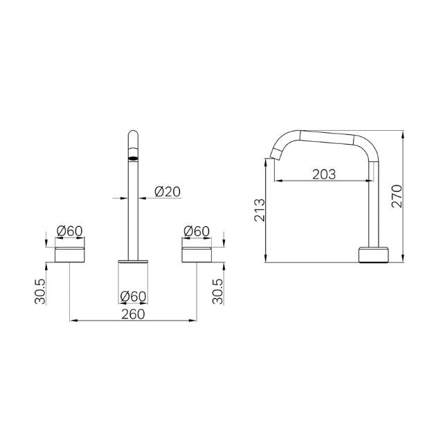Technical Drawing Nero Serenity Bath/Kitchen Set Edge Spout With Metal Handle Brushed Gold 24D034BG - The Blue Space