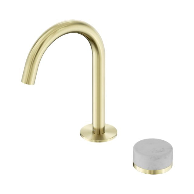 Nero Serenity Progressive Basin Mixer Arc Spout With Carrara Handle Brushed Gold