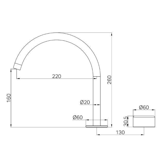 Technical Drawing Nero Serenity Progressive Bath/Kitchen Mixer Arc Spout With Metal Handle Brushed Gold 24E042BG - The Blue Space