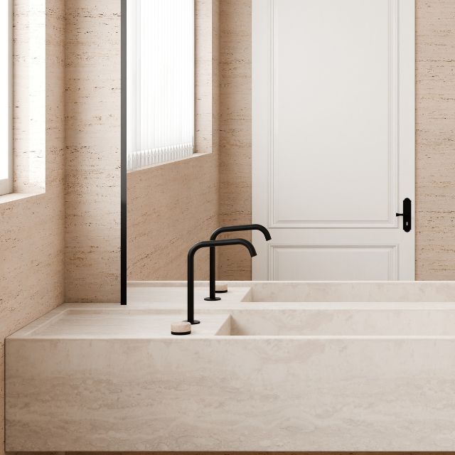 Nero Serenity Progressive Bath/Kitchen Mixer Edge Spout With Rome Travertine Handle Matte Black