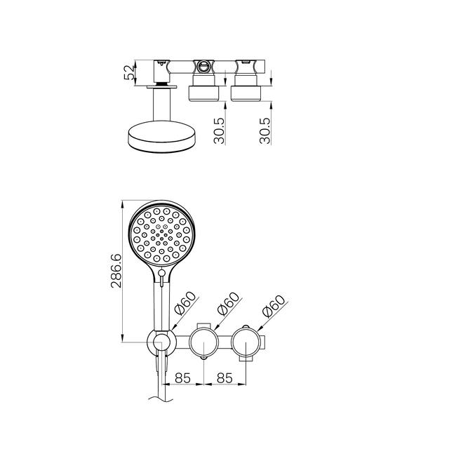 Technical Drawing Nero Serenity Progressive Shower System With Metal Handle And Nero Serenity Hand Shower Brushed Nickel 24E030BN - The Blue Space