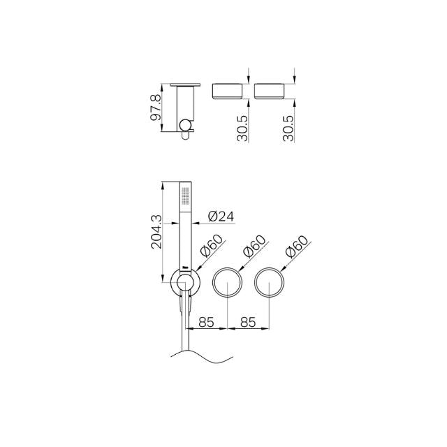Technical Drawing Nero Serenity Progressive Shower System With Metal Handle And Slim Shower Trim Kit Only Brushed Nickel 24E096BN - The Blue Space