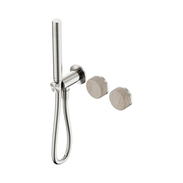 Nero Serenity Progressive Shower System With Rome Travertine Handle And Slim Shower Brushed Nickel