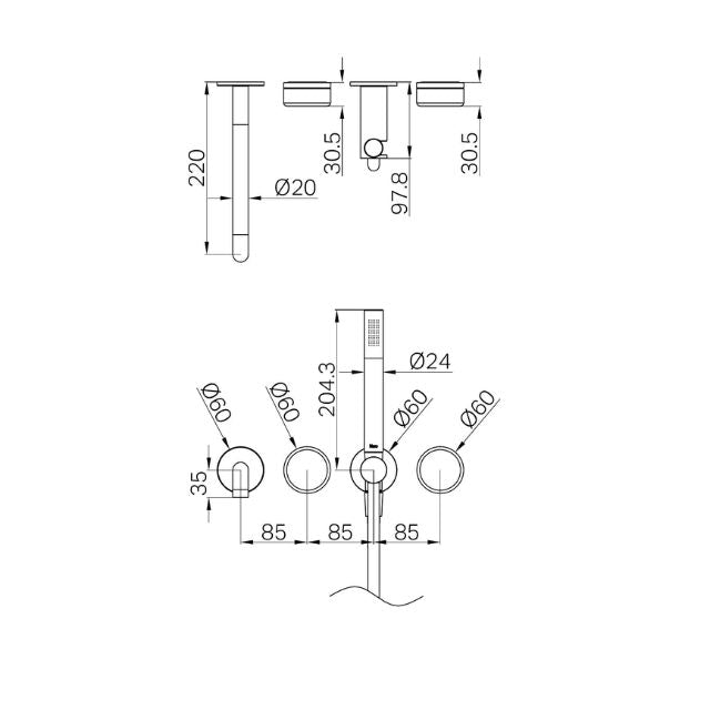 Technical Drawing Nero Serenity Progressive Shower System With Spout With Carrara Handle And Slim Shower Trim Kit Only Gun Metal 24E079GM - The Blue Space