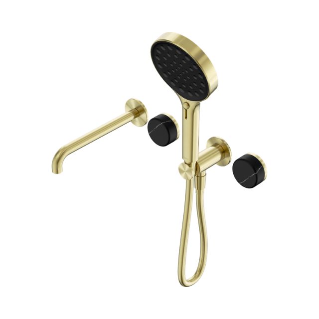 Nero Serenity Progressive Shower System With Spout With Marquina Black Handle And Serenity Hand Shower Brushed Gold