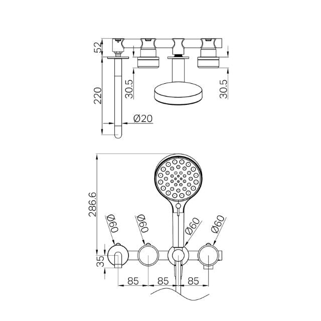 Technical Drawing Nero Serenity Progressive Shower System With Spout With Marquina Black Handle And Nero Serenity Hand Shower Brushed Gold 24E130BG - The Blue Space