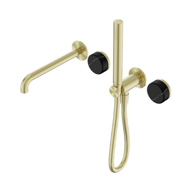 Nero Serenity Progressive Shower System With Spout With Marquina Black Handle And Slim Shower Brushed Gold